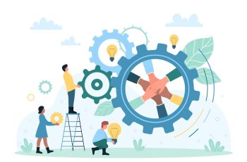 Effective cooperation of strong dedicated team, enterprise development and teamwork vector illustration. Cartoon tiny people holding light bulbs and working with moving gears, collaboration of workers