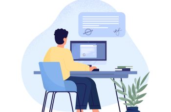 Online approved application. Young guy sitting at monitor, freelancer and remote employee. Character booked doctors appointment or event. Modern technologies. Cartoon flat vector illustration